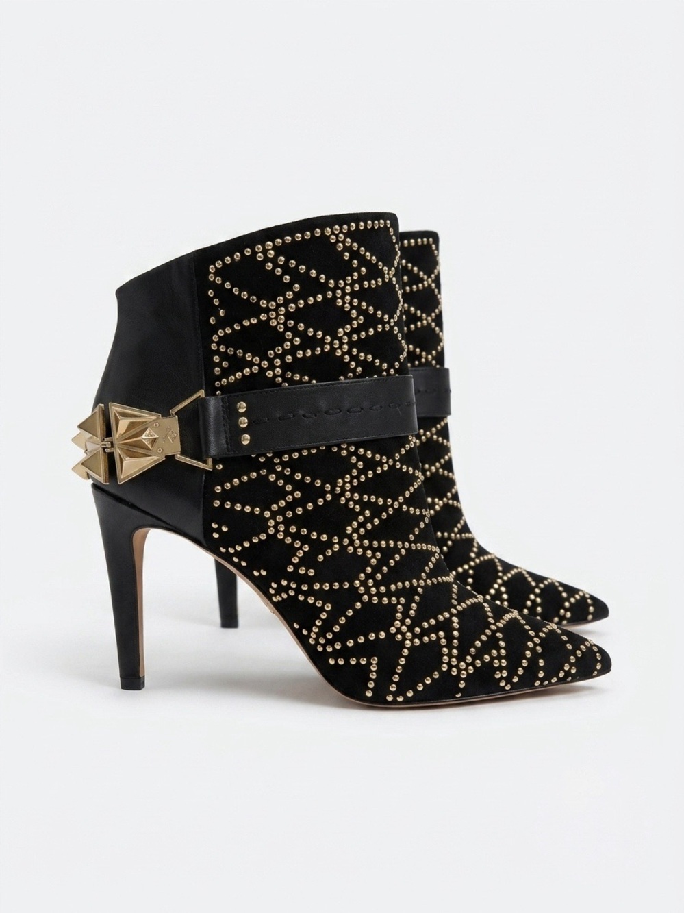Sam Edelman Black Studded Pointed-Toe Ankle Booties with Gold Accents